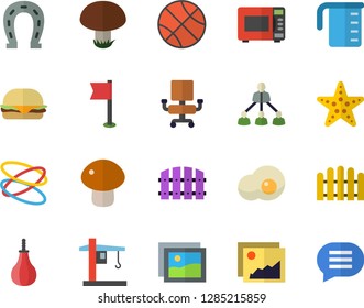 Color flat icon set meashuring cup flat vector, microwave, hamburger, mushroom, scrambled eggs, horseshoe, fence, crane, office chair, hierarchy, basketball, sports pear, flag, hoop, starfish fector