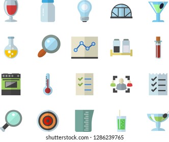Color flat icon set meashuring cup flat vector, electric stove, induction cooker, spice, glass jar, wine, cocktail, soda, thermometer, greenhouse, chemistry, magnifier, blood test, recruitment, bulb