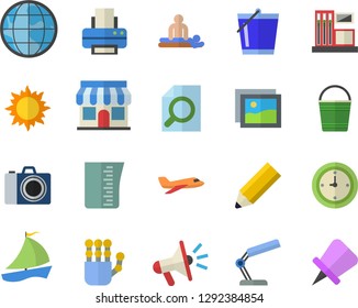 Color flat icon set meashuring cup flat vector, bucketful, sun, gas station, store front, earth, mouthpiece, sailboat, massage, clock, magnifier, reading lamp, printer, pencil, robot hand, camera