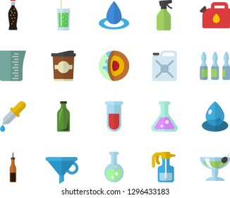 Color flat icon set meashuring cup flat vector, sauce, lemonade, soda, coffe, pulverizer, drop, canister, glass bottles, funnel, pipette, blood test, ampoule, flask, core of the earth fector