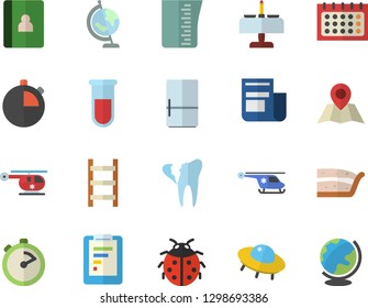 Color flat icon set meashuring cup flat vector, stopwatch, fridge, piece of cake, ladybird, ladder, graphic report, calendar, news, blood test, helicopter, broken tooth, globe, ufo, notebook