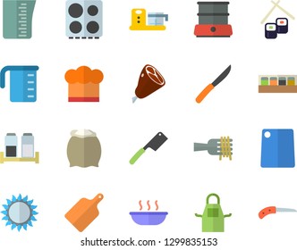 Color flat icon set meashuring cup flat vector, cook hat, apron, knives, cutting board, electric stove, gas, double boiler, spice, food processor, flour, spaghetti on a fork, soup, ham, fish rolls
