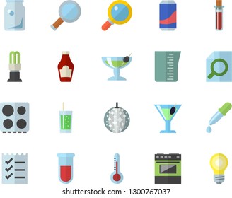 Color flat icon set meashuring cup flat vector, electric stove, ketchup, lemonade, cocktail, soda, thermometer, energy saving lamp, glass bottles, pipette, blood test, magnifier, to do list, fector