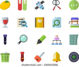 Color flat icon set meashuring cup flat vector, lemon, wine, well, marker, magnifier, tie, hierarchy, book, satellit, notebook, skipping rope, bell, trash can, chat, key, target