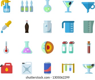 Color flat icon set meashuring cup flat vector, temperature, lemonade, cocktail, pulverizer, canister, glass bottles, funnel, pipette, blood test, ampoule, flask, beakers, core of the earth fector