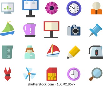 Color flat icon set meashuring cup flat vector, electric kettle, flower, SIM card, billboard, person, clock, sailboat, nurse, computer chart, pencil, windmill, swimsuit, camera fector, drawing pin