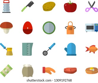 Color flat icon set meashuring cup flat vector, apron, potholder, kitchen spoon, egg timer, knives, scissors, turk, microwave, flour, sieve, grater, spaghetti, mushroom, potato, tomato, chop, fish