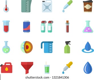 Color flat icon set meashuring cup flat vector, temperature, lemonade, soda, coffe, pulverizer, drop, canister, funnel, pipette, blood test, ampoule, flask, core of the earth fector