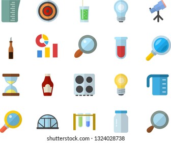 Color flat icon set meashuring cup flat vector, electric stove, induction cooker, glass jar, ketchup, sauce, soda, greenhouse, magnifier, statistics, blood test, bulb, beakers, telescope, hourglass