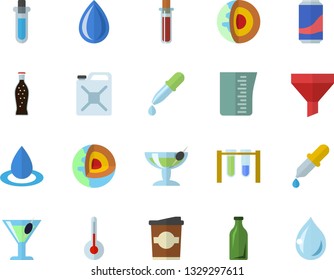 Color flat icon set meashuring cup flat vector, temperature, lemonade, cocktail, coffe, drop, canister, glass bottles, funnel, pipette, blood test, beakers, core of the earth fector