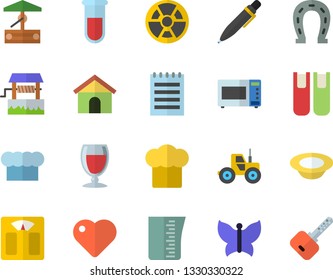 Color flat icon set meashuring cup flat vector, cook hat, microwave, dish, wine, well, horseshoe, tractor, butterflies, radiation, blood test, heart, book, pen, notepad, weighing machine, house, key