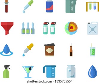Color flat icon set meashuring cup flat vector, sauce, lemonade, cocktail, soda, coffe, pulverizer, drop, canister, glass bottles, funnel, pipette, blood test, ampoule, beakers