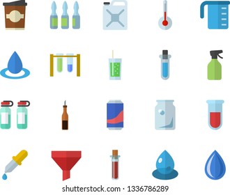 Color flat icon set meashuring cup flat vector, temperature, sauce, lemonade, soda, coffe, pulverizer, drop, canister, glass bottles, funnel, pipette, blood test, ampoule, beakers