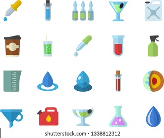 Color flat icon set meashuring cup flat vector, cocktail, soda, coffe, pulverizer, drop, canister, funnel, pipette, blood test, ampoule, flask, beakers, core of the earth fector