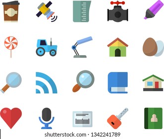 Color flat icon set meashuring cup flat vector, egg, lollipop, coffe, tractor, house, main pipeline, magnifier, marker, barcode, heart, reading lamp, book, satellit, broadcast, microphone, key