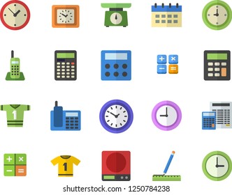 Color flat icon set measure flat vector, calculator, weighing machine, clock, telephone, sport T shirt, calendar