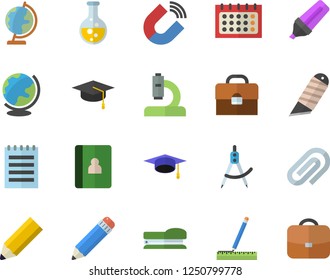 Color flat icon set measure flat vector, stationery knife, chemistry, magnet, dividers, marker, calendar, microscope, briefcase, clip, pencil, stapler, notepad, bachelor cap, notebook, globe
