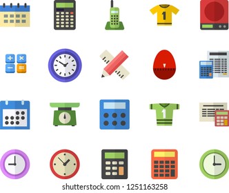 Color flat icon set measure flat vector, calculator, weighing machine, kitchen egg timer, clock, calendar, telephone, sport T shirt