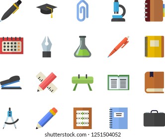 Color flat icon set measure flat vector, chemistry, dividers, calendar, abacus, ink pen, stapler, microscope, pencil, bachelor cap, textbook, notebook, sports equipment horse, clip, book, case