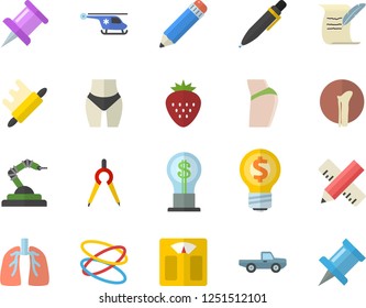 Color flat icon set measure flat vector, rolling pin, Strawberry, pickup truck, robotics, dividers, idea, helicopter, bone fracture, lungs, drawing, pencil, pen, history roll, weighing machine, hoop