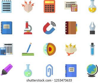 Color flat icon set measure flat vector, calculator, chemistry, magnet, marker, notebook, ink pen, flask, microscope, notepad, textbook, brainstorm, beakers, core of the earth fector, clip, globe