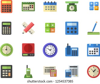 Color flat icon set measure flat vector, calculator, weighing machine, clock, calendar, telephone
