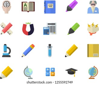 Color flat icon set measure flat vector, calculator, marker, notebook, pencil, microscope, globe, bachelor cap, textbook, magnet, brainstorm, scientist, beakers, brain fector, book