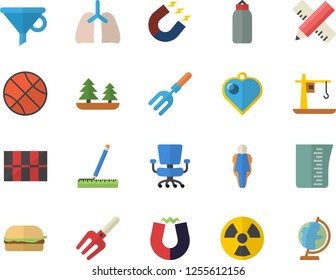 Color flat icon set measure flat vector, tile, meashuring cup, hamburger, pitchfork, forest, radiation, crane, magnet, funnel, lungs, office chair, basketball, sports pear, size, globe