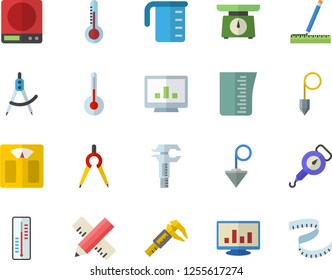 Color flat icon set measure flat vector, construction plummet, weighing machine, meashuring cup, spring balance, temperature, thermometer, trammel, dividers, computer chart, centimeter