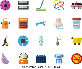 Color flat icon set measure flat vector, construction plummet, apron, garlic, flower, accumulator, energy saving lamp, grocery trolley, telephone operator, vial, ambulance, diagnostics, paper tray