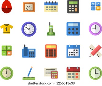 Color flat icon set measure flat vector, calculator, kitchen egg timer, clock, calendar, telephone, sport T shirt