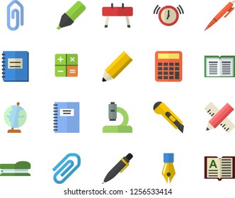 Color flat icon set measure flat vector, stationery knife, marker, calculator, microscope, notebook, clip, ink pen, stapler, pencil, globe, sports equipment horse, alarm clock, book