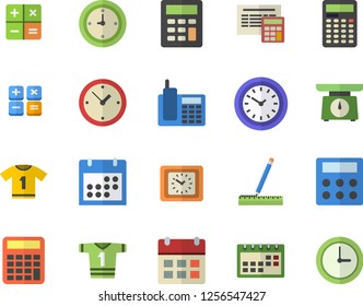 Color flat icon set measure flat vector, calculator, weighing machine, clock, calendar, telephone, sport T shirt