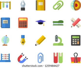 Color flat icon set measure flat vector, microscope, notebook, abacus, calculator, ink pen, book, stapler, pencil, globe, bachelor cap, magnet, beakers, core of the earth fector, clip, binder