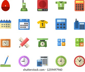 Color flat icon set measure flat vector, calculator, weighing machine, kitchen egg timer, clock, calendar, telephone, sport T shirt