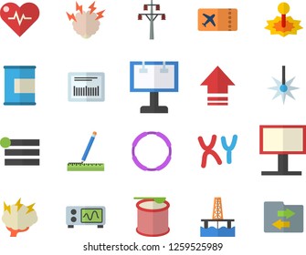 Color flat icon set measure flat vector, oil production platform, power line support, laser, billboard, barcode, chromosomes, oscilloscope, brainstorm, heartbeat, proteins, steroids, hoop, menu