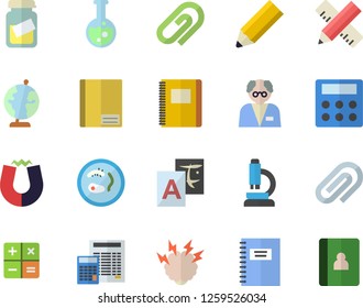 Color flat icon set measure flat vector, calculator, medical analysis, notebook, clip, flask, microscope, pencil, globe, magnet, brainstorm, scientist, Petri dish, translate