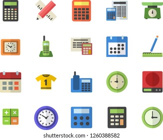 Color flat icon set measure flat vector, calculator, weighing machine, clock, calendar, telephone, sport T shirt