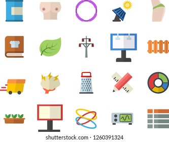 Color flat icon set measure flat vector, heating batteries, cookbook, grater, seedlings, solar battery, tree leaf, power line support, billboard, express delivery, breast, clircle diagram, buttocks