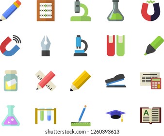 Color flat icon set measure flat vector, calculator, chemistry, magnet, marker, microscope, medical analysis, abacus, ink pen, book, stapler, flask, pencil, bachelor cap, beakers