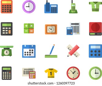 Color flat icon set measure flat vector, calculator, weighing machine, clock, calendar, telephone, sport T shirt