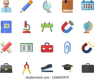 Color flat icon set measure flat vector, magnet, dividers, calendar, briefcase, stapler, microscope, pencil, globe, bachelor cap, textbook, scientist, sports equipment horse, clip, book, case