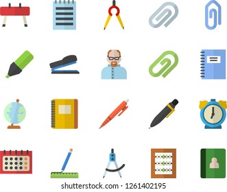 Color flat icon set measure flat vector, dividers, marker, calendar, clip, abacus, pen, stapler, notepad, globe, notebook, scientist, sports equipment horse, alarm clock