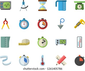 Color flat icon set measure flat vector, construction plummet, weighing machine, meashuring cup, stopwatch, thermometer, trammel, dividers, oscilloscope, centimeter, hourglass