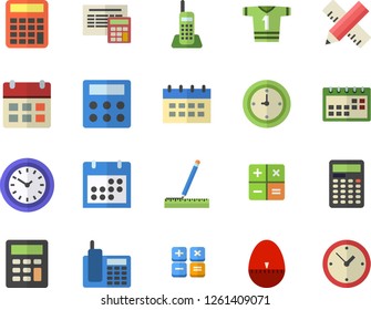 Color flat icon set measure flat vector, calculator, kitchen egg timer, clock, calendar, telephone, sport T shirt