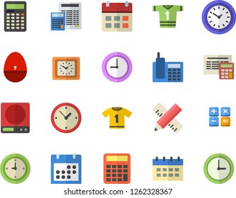 Color flat icon set measure flat vector, calculator, weighing machine, kitchen egg timer, clock, calendar, telephone, sport T shirt