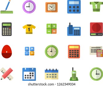 Color flat icon set measure flat vector, calculator, weighing machine, kitchen egg timer, clock, calendar, telephone, sport T shirt