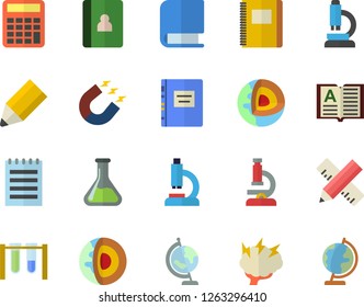 Color flat icon set measure flat vector, chemistry, magnet, microscope, pencil, book, notepad, globe, textbook, brainstorm, notebook, beakers, calculator, core of the earth fector