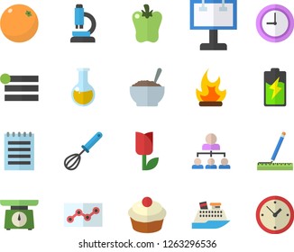 Color flat icon set measure flat vector, weighing machine, whisk, cupcake, porridge, bell pepper, orange, tulip, bonfire, battery, billboard, medical analysis, clock, point diagram, hierarchy, menu