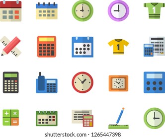 Color flat icon set measure flat vector, calculator, clock, calendar, telephone, sport T shirt